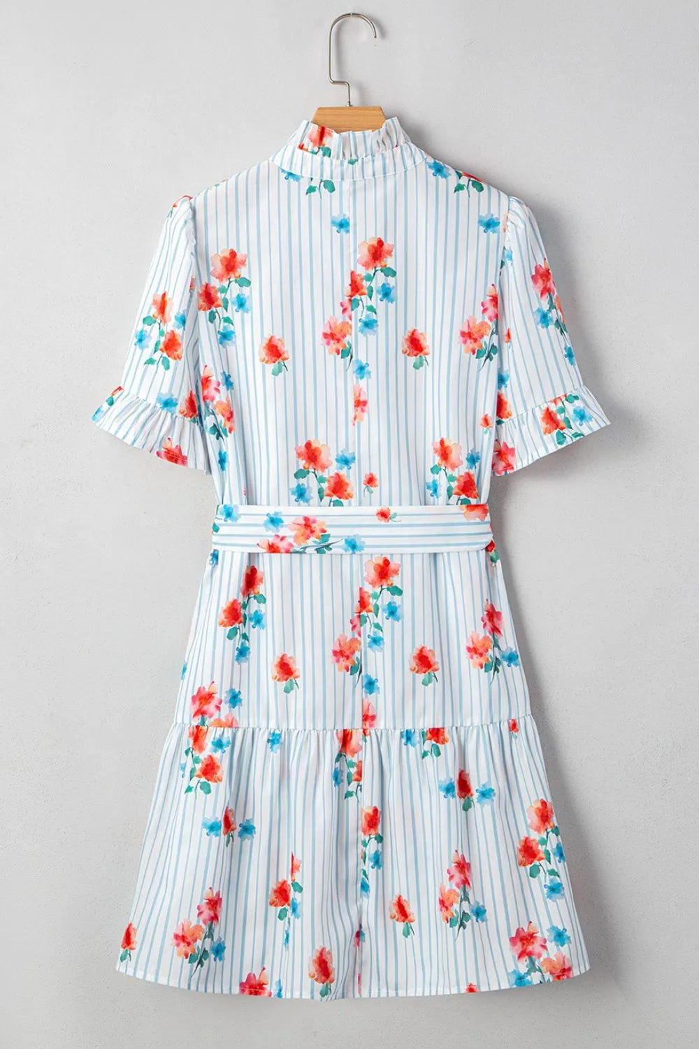 Stripe Floral Pattern Ruffle Short Sleeve Belted Mini Dress