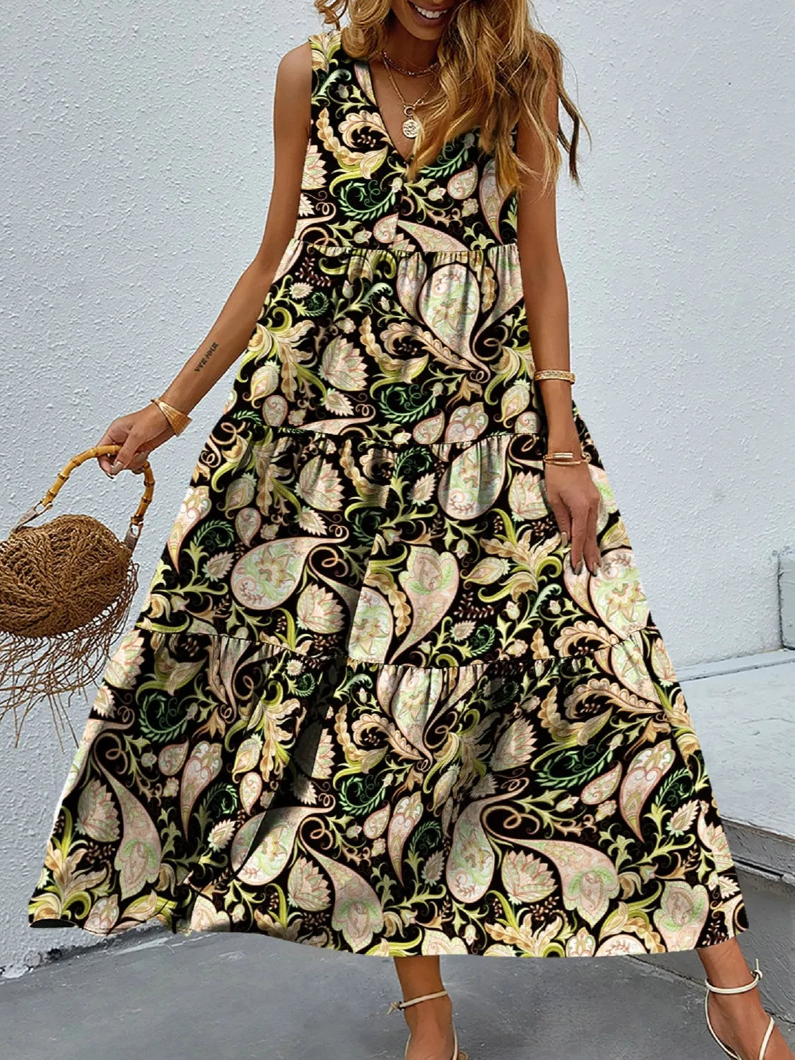 Printed V-Neck Tiered Maxi Tank Dress