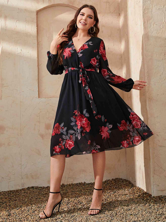 Honey Plus Size Floral Surplice Neck Tie Waist Dress - Clothes For Her Online Store