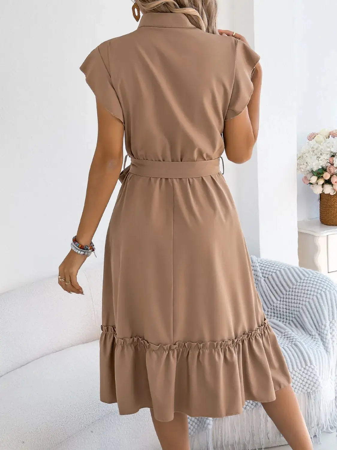 Tie Waist Ruffled Cap Sleeve Dress - Clothes For Her Online Store