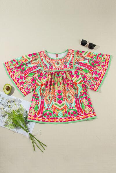 Plus Size Printed Round Neck Half Sleeve Blouse - Clothes For Her Online Store