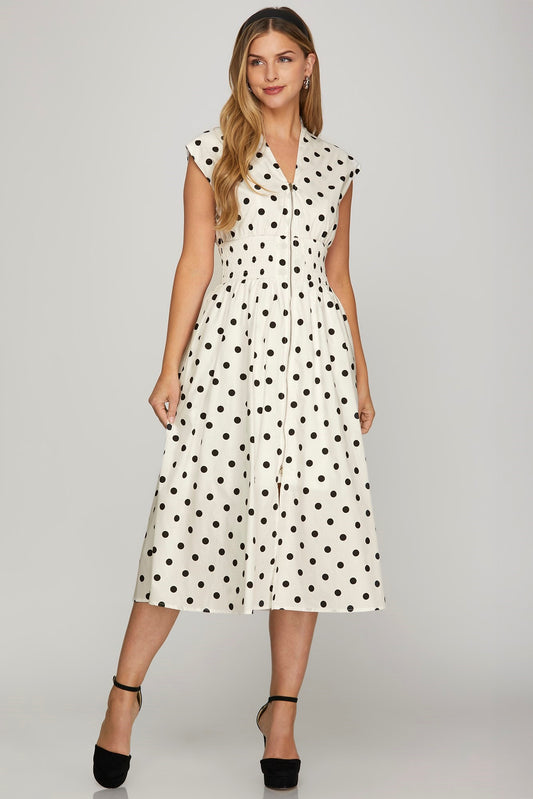 She + Sky Front Zip Polka Dots Cap Sleeve Midi Dress - Clothes For Her Online Store