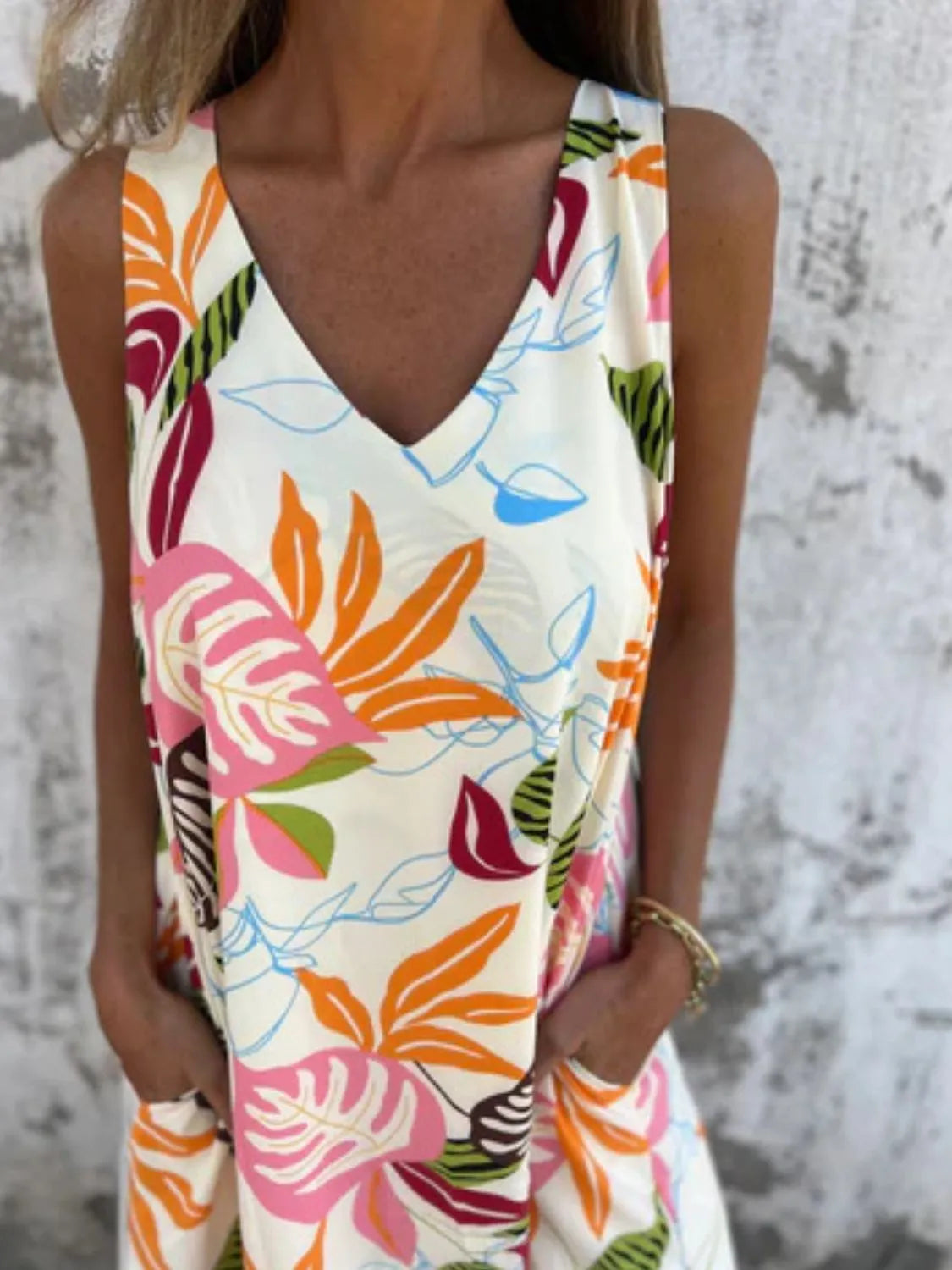 Full Size Printed V-Neck Sleeveless Dress Plus Size