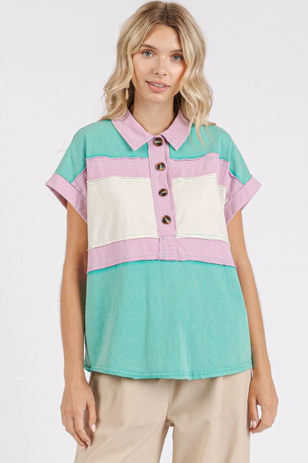 Mittoshop Color Block Henley Short Sleeve Polo Shirt - Clothes For Her Online Store