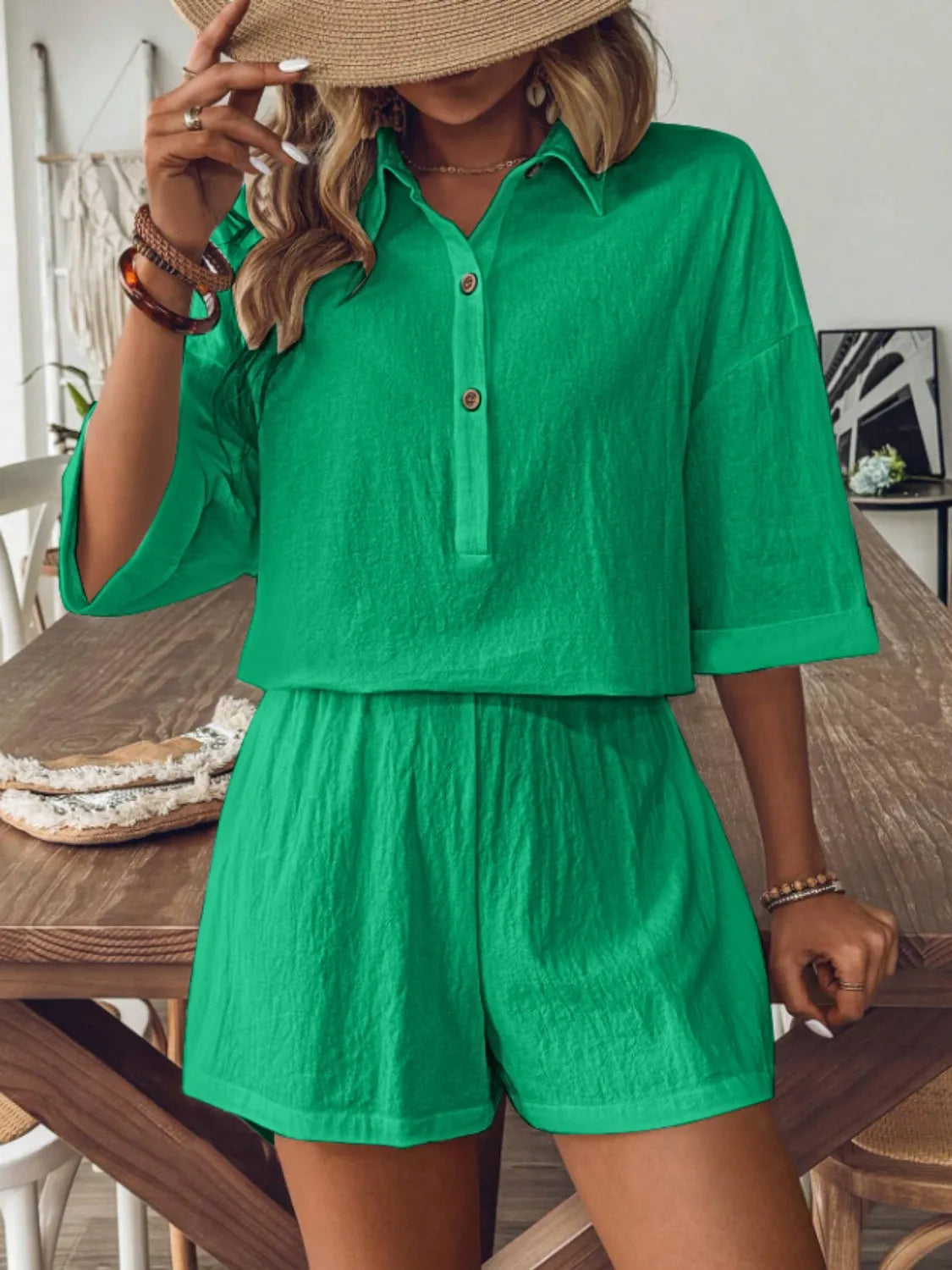 Collared Neck Half Sleeve Top and Shorts Set