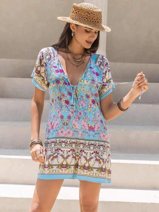 Tied Front Printed Short Sleeve Romper