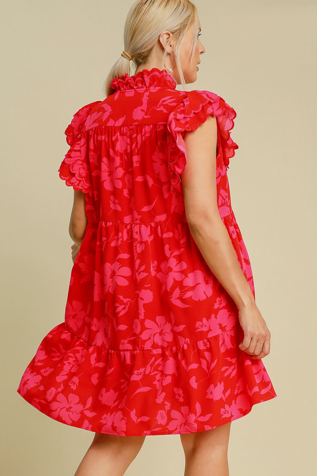 Umgee Full Size Two Tone Floral Print Ruffle Cap Sleeve Mini Dress Plus Size - Clothes For Her Online Store
