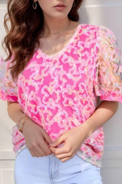 Bonbon Flowery Mesh Short Puff Sleeve Blouse