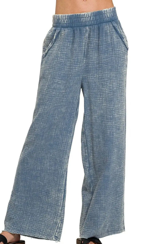 Zenana Washed Double Gauze Elastic Band Waist Pants - Clothes For Her Online Store
