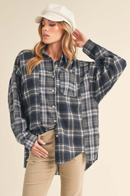 Aemi + Co Frayed Hem Plaid Button Up Flannel Shirt