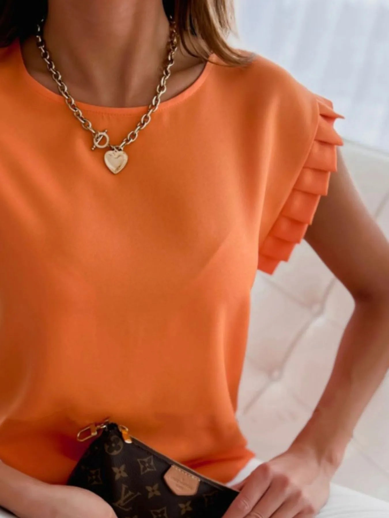 Ruffled Round Neck Cap Sleeve Top