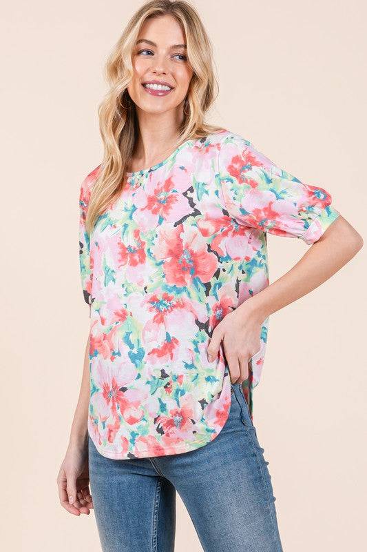 BOMBOM Floral Round Neck Puff Sleeve Top - Clothes For Her Online Store