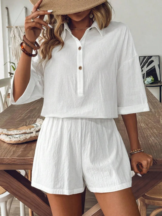 Collared Neck Half Sleeve Top and Shorts Set - Clothes For Her Online Store