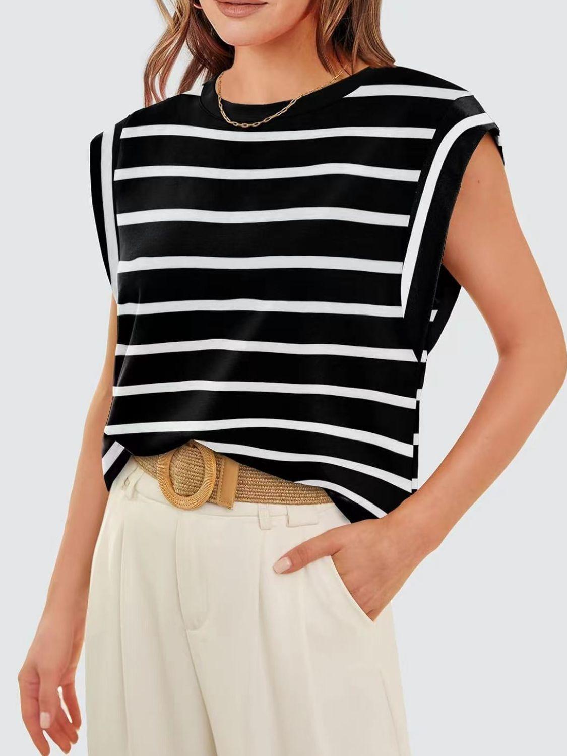 Florira Striped Round Neck Cap Sleeve T-Shirt