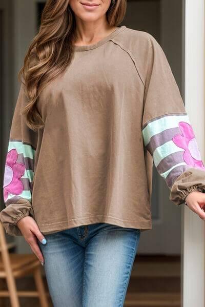 Plus Size Flower Round Neck Long Sleeve Blouse - Clothes For Her Online Store