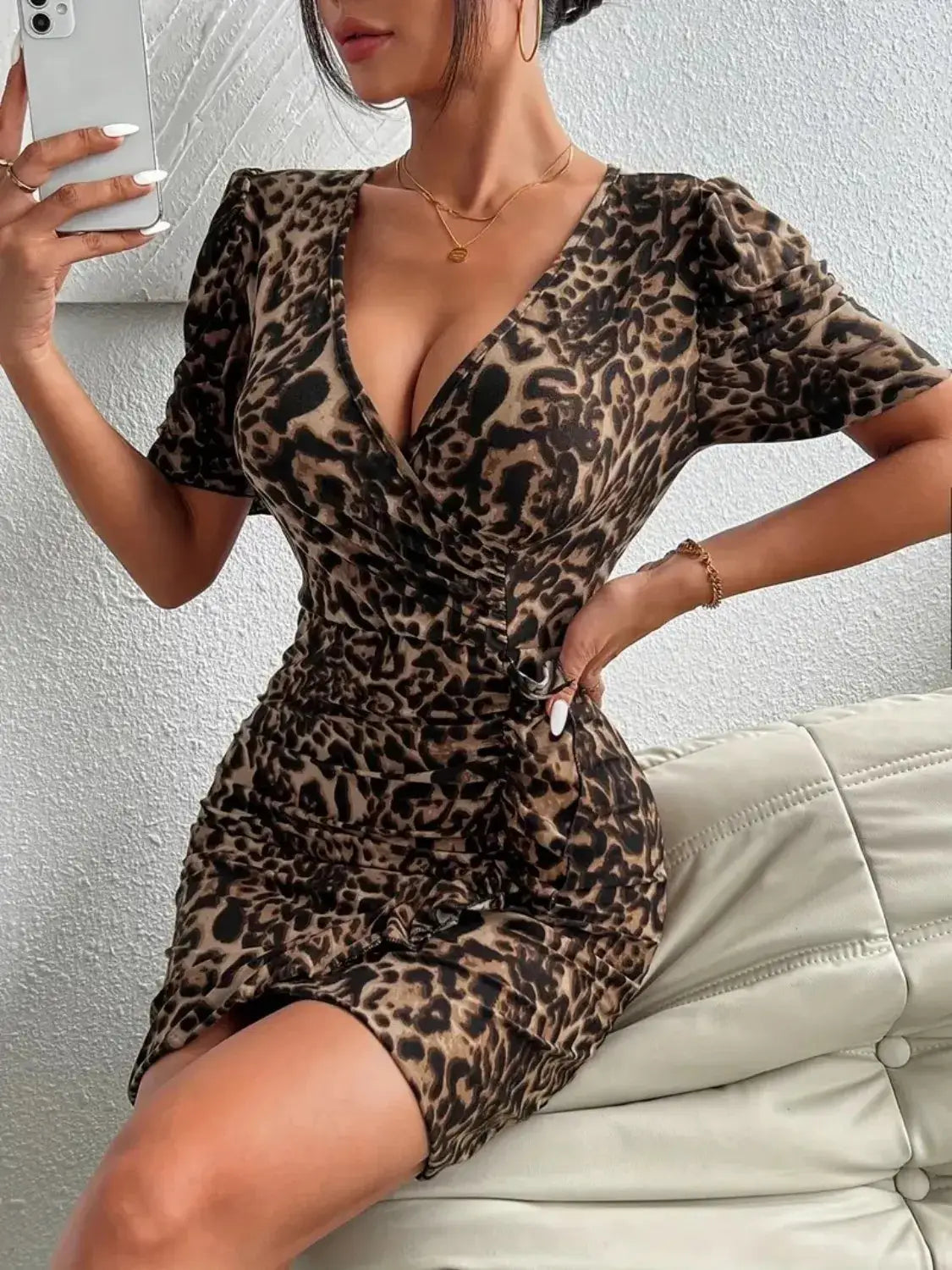 Ruffled Leopard Short Sleeve Mini Dress - Clothes For Her Online Store
