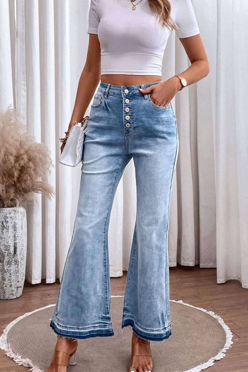 High Waist Button Fly Flared Jeans