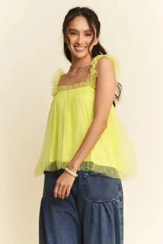 Davi & Dani Shirred Ruffle Strap Tulle Babydoll Top - Clothes For Her Online Store