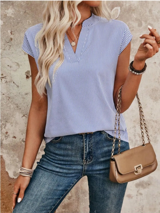 Striped Notched Cap Sleeve Blouse - Clothes For Her Online Store