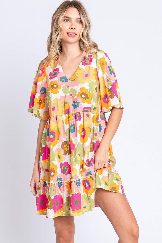 GeeGee Floral V-Neck Ruffle Hem Mini Dress - Clothes For Her Online Store