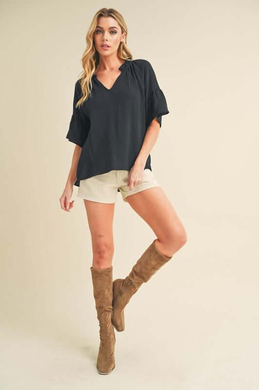 Aemi + Co Side Slit Notched Ruffled Half Sleeve Blouse - Clothes For Her Online Store