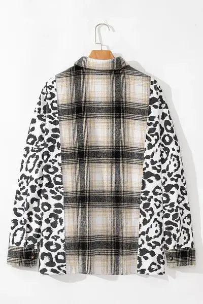 Plus Size Leopard Plaid Button Up Long Sleeve Shacket - Clothes For Her Online Store