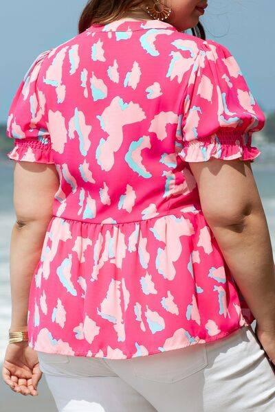Plus Size Ruffled Printed Notched Short Sleeve Blouse - Clothes For Her Online Store