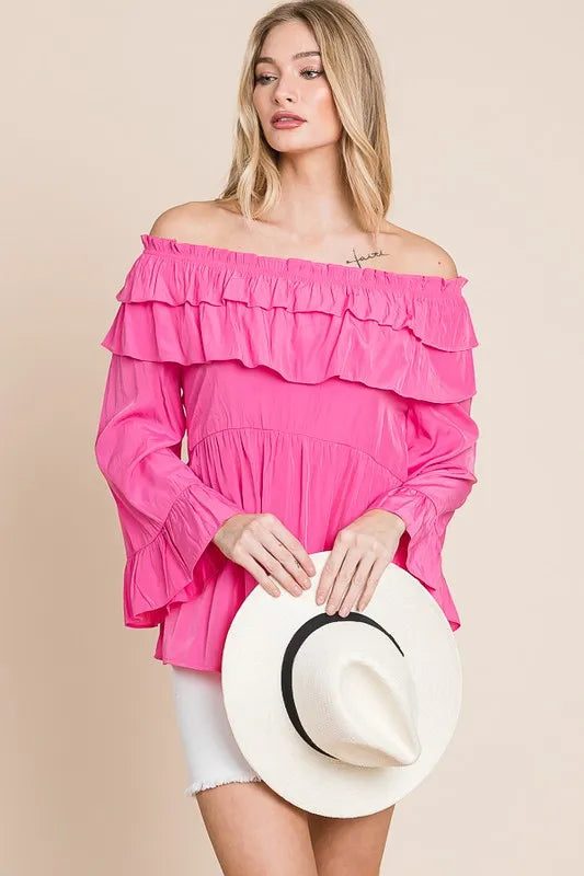 Lime 'N' Chili Ruffled Trumpet Sleeve Off-The-Shoulder Top