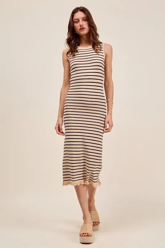 SO ME Stripe Sleeveless Sweater Knit Maxi Dress With Ruffled Hem