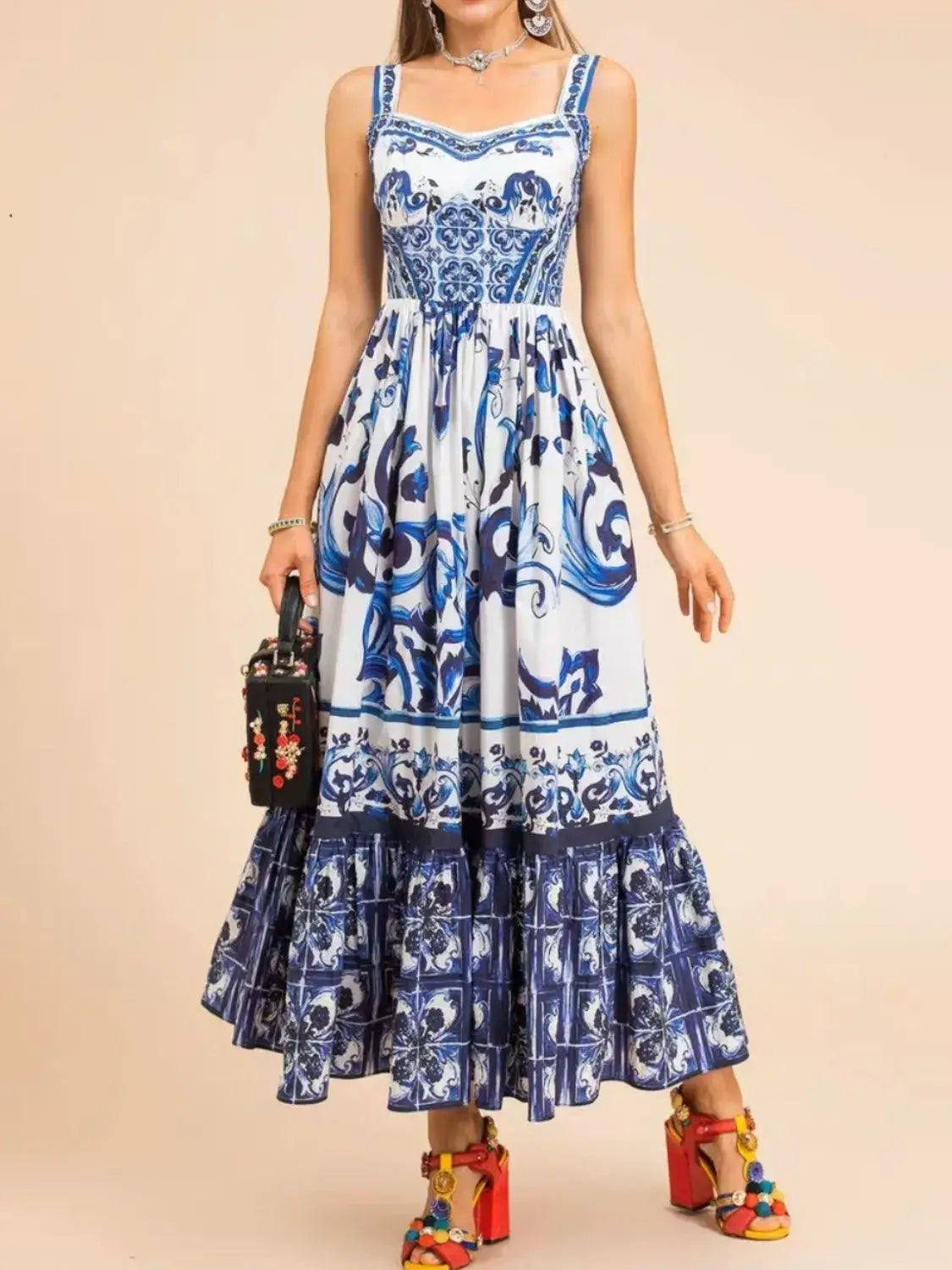 Smocked Printed Wide Strap Dress