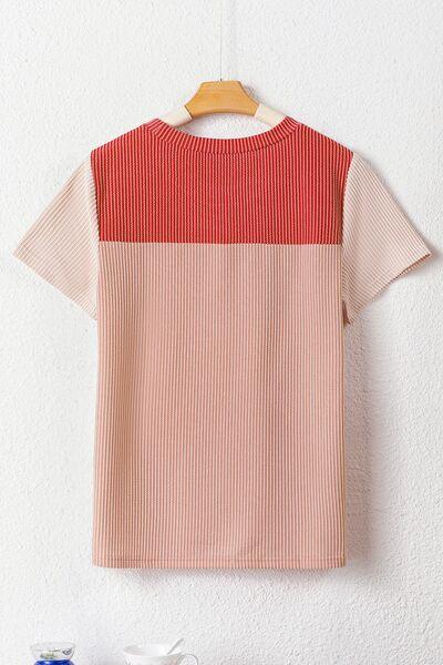 Color Block Round Neck Short Sleeve T-Shirt - Clothes For Her Online Store