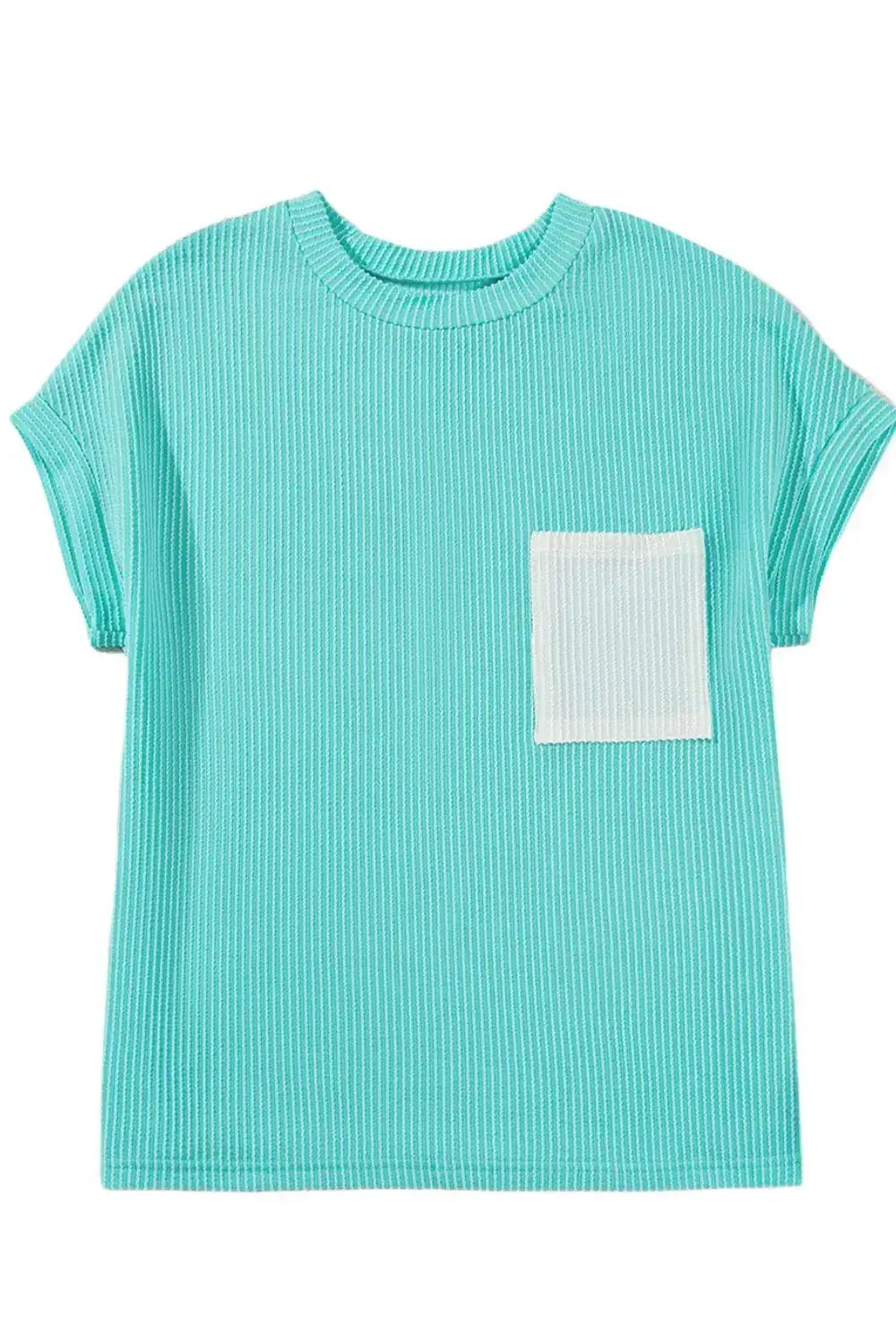 Corded Knit Color Block Pocketed Crew Neck T Shirt - Clothes For Her Online Store