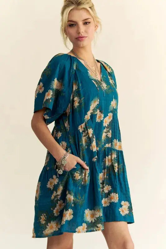 Davi & Dani Floral Print Short Bell Sleeve Pleated Mini Dress - Clothes For Her Online Store