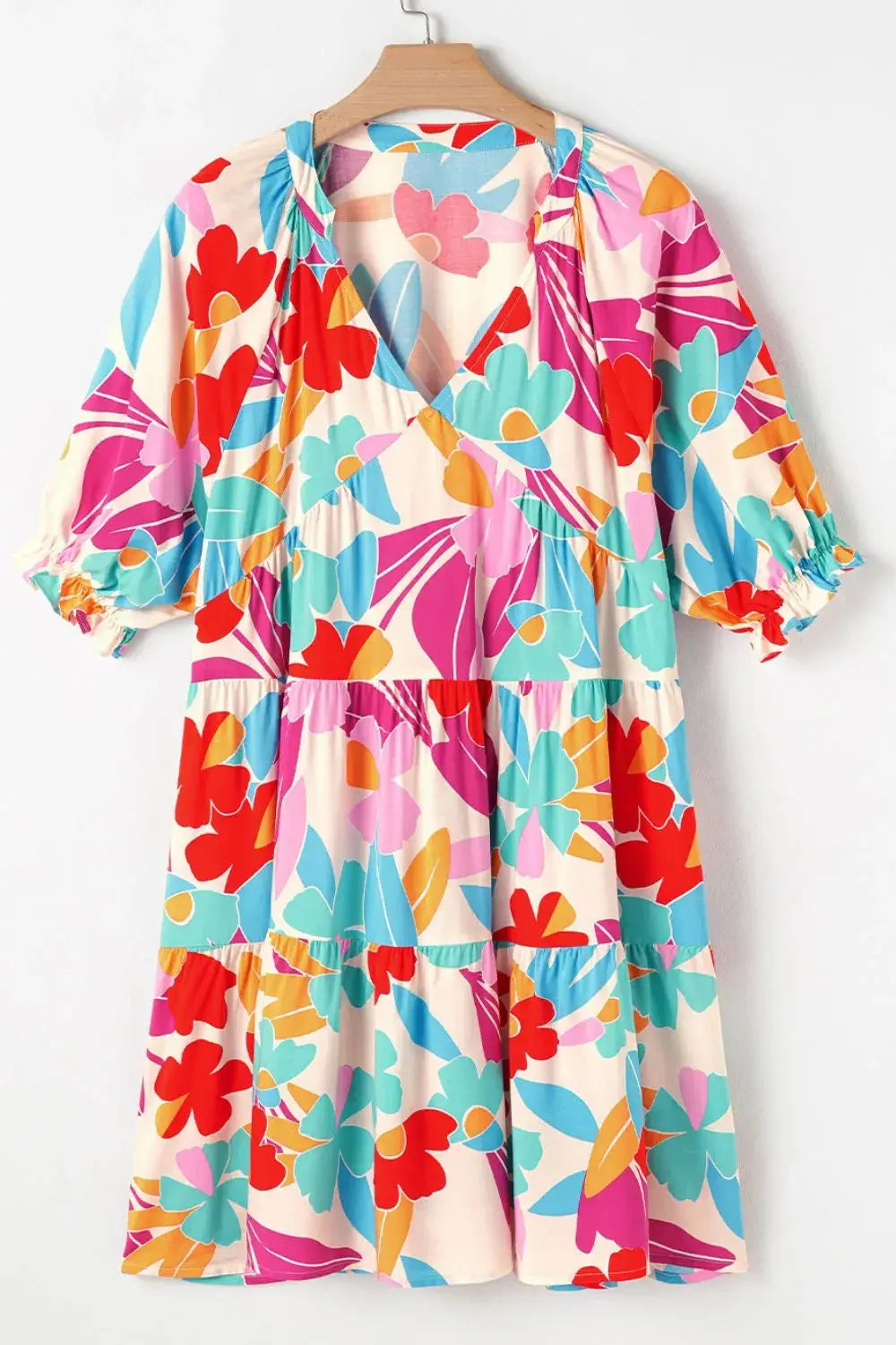Floral Bubble Sleeve V Neck Tiered Ruffle Babydoll Dress - Clothes For Her Online Store