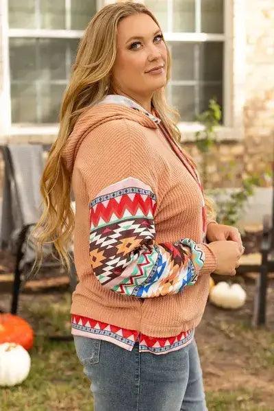 Plus Size Drawstring Geometric Long Sleeve Hoodie - Clothes For Her Online Store