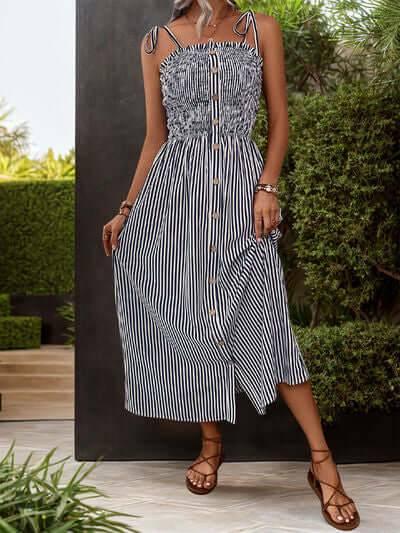 Perfee Tied Smocked Striped Sleeveless Midi Dress