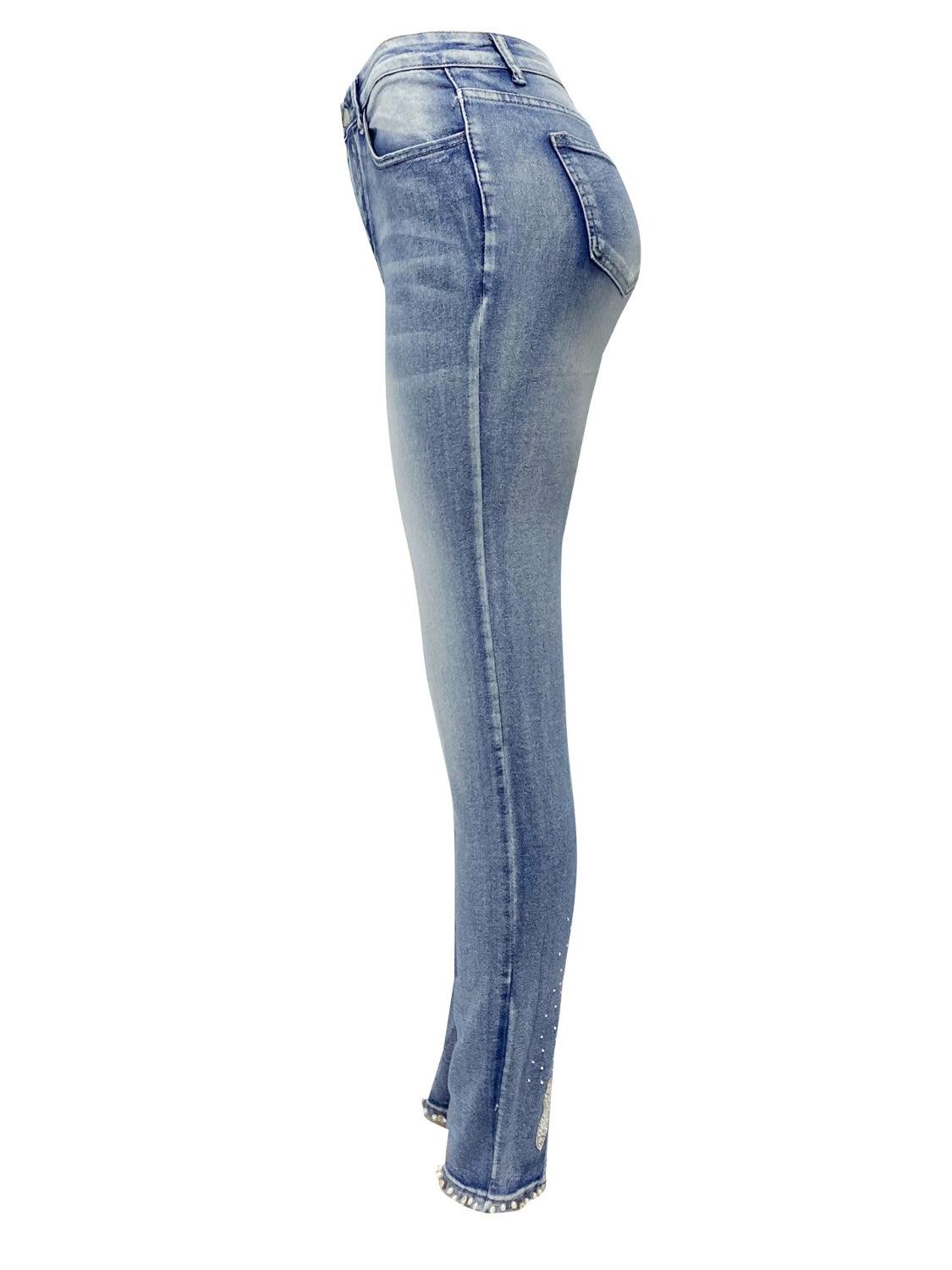 Rhinestone Skinny Jeans with Pockets - Clothes For Her Online Store