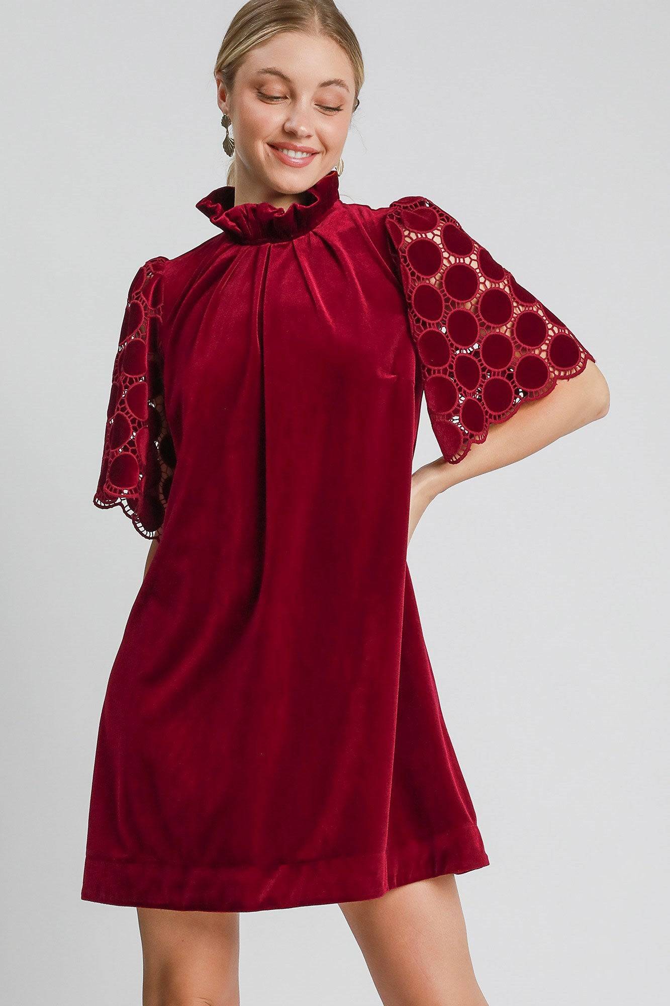 Umgee Dotted Lace Half Sleeve Mock Neck Back Tie Velvet Dress - Clothes For Her Online Store
