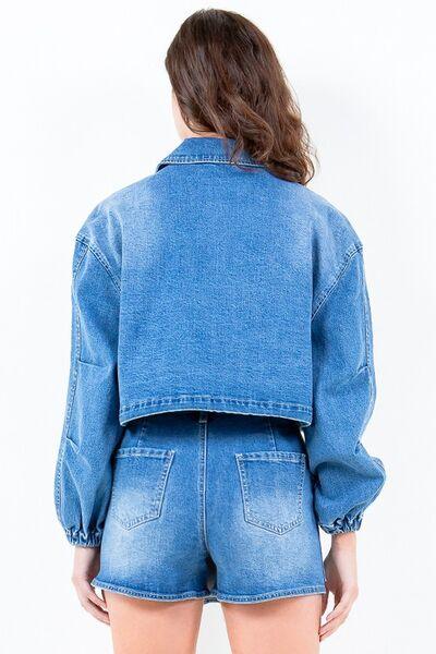 American Bazi Full Size Drop Shoulder Cropped Denim Jacket with Waist Strap Plus Size - Clothes For Her Online Store