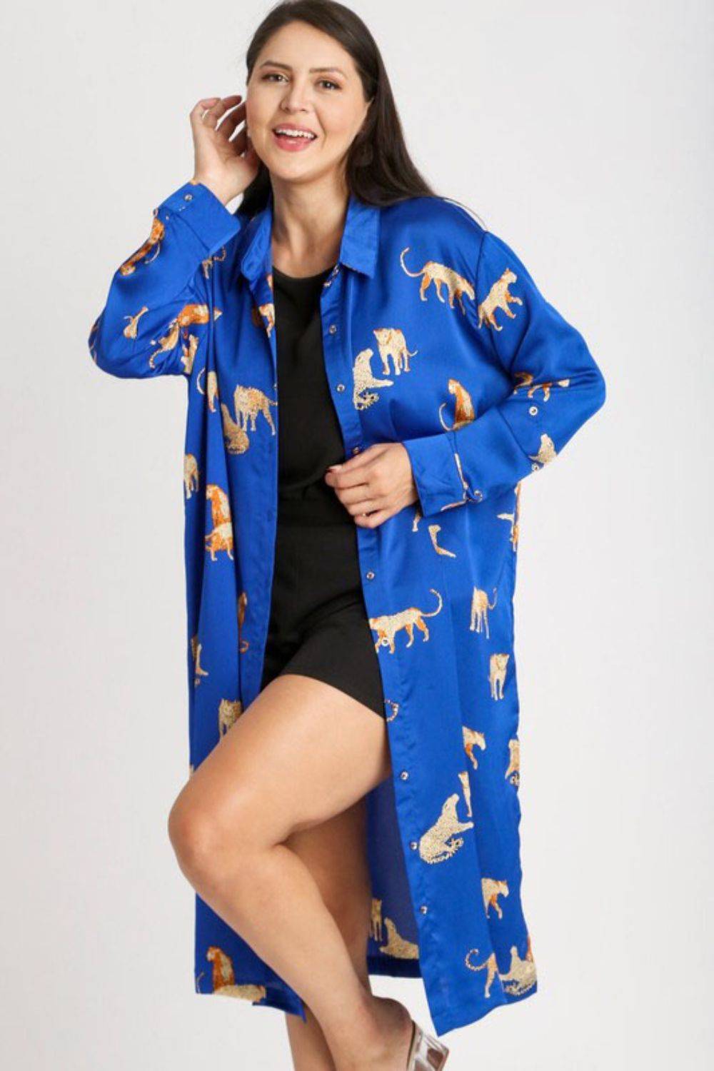 Umgee Full Size Animal Print Button Down Midi Shirt Dress Plus Size - Clothes For Her Online Store