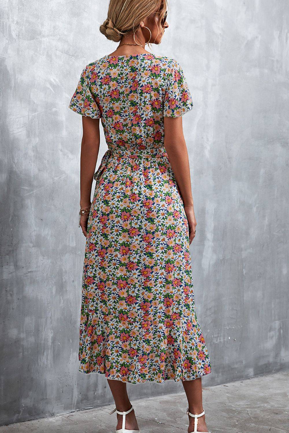 Floral Surplice Neck Tied Midi Dress