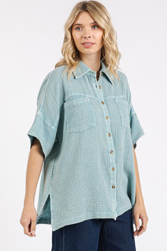 Mittoshop Mineral Wash Gauze Oversized Short Sleeve Shirt - Clothes For Her Online Store