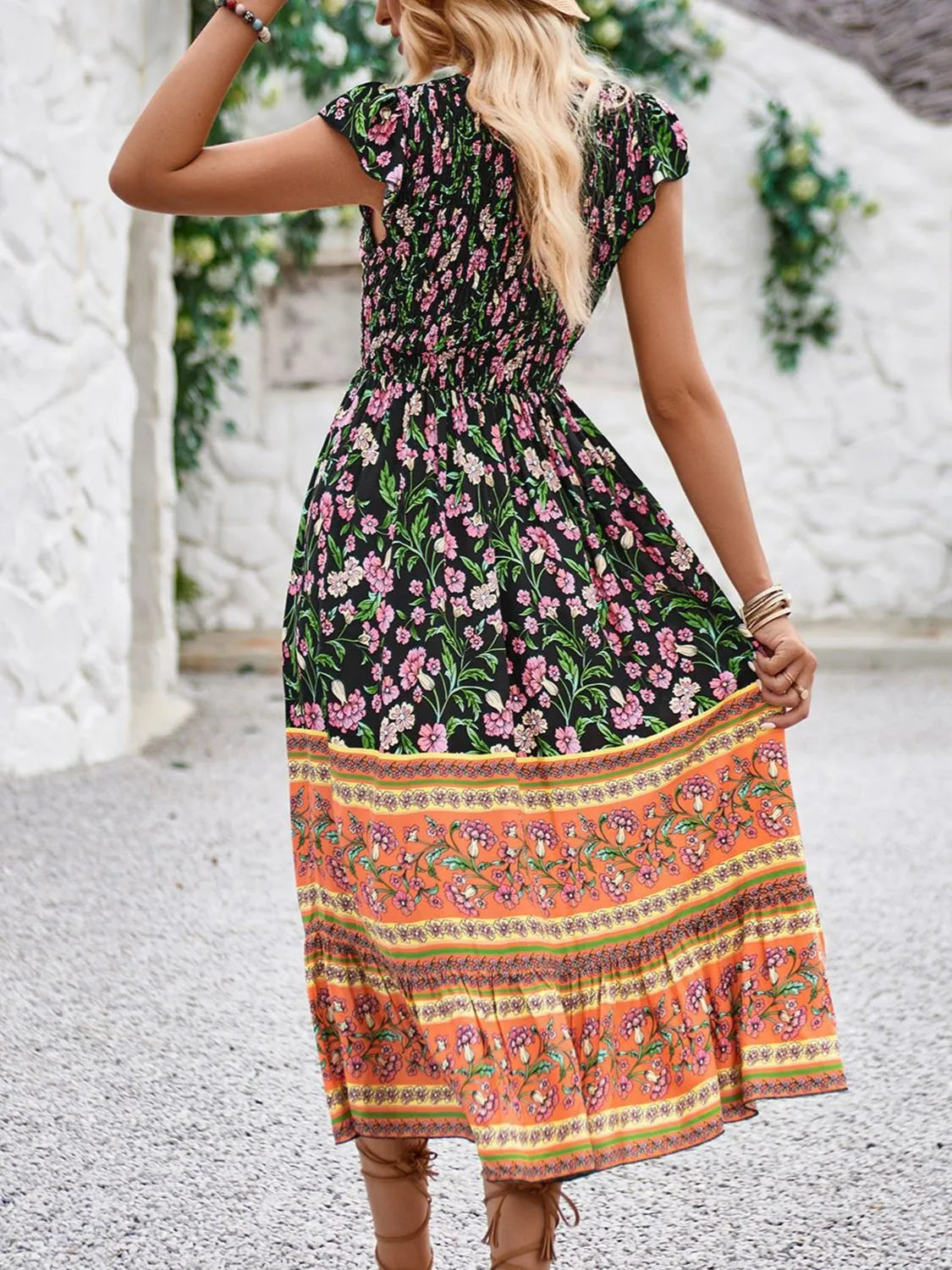 Printed Round Neck Cap Sleeve Dress
