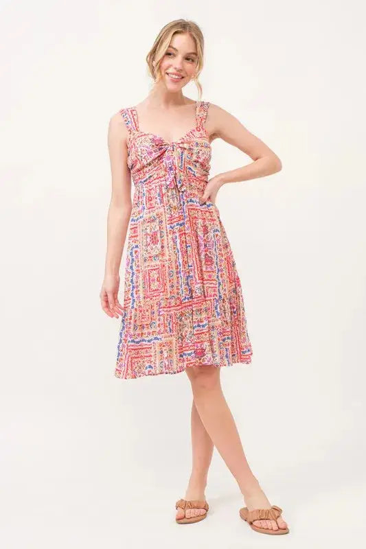 And The Why Tied Front Smocked Back Tiered Boho Printed Dress - Clothes For Her Online Store