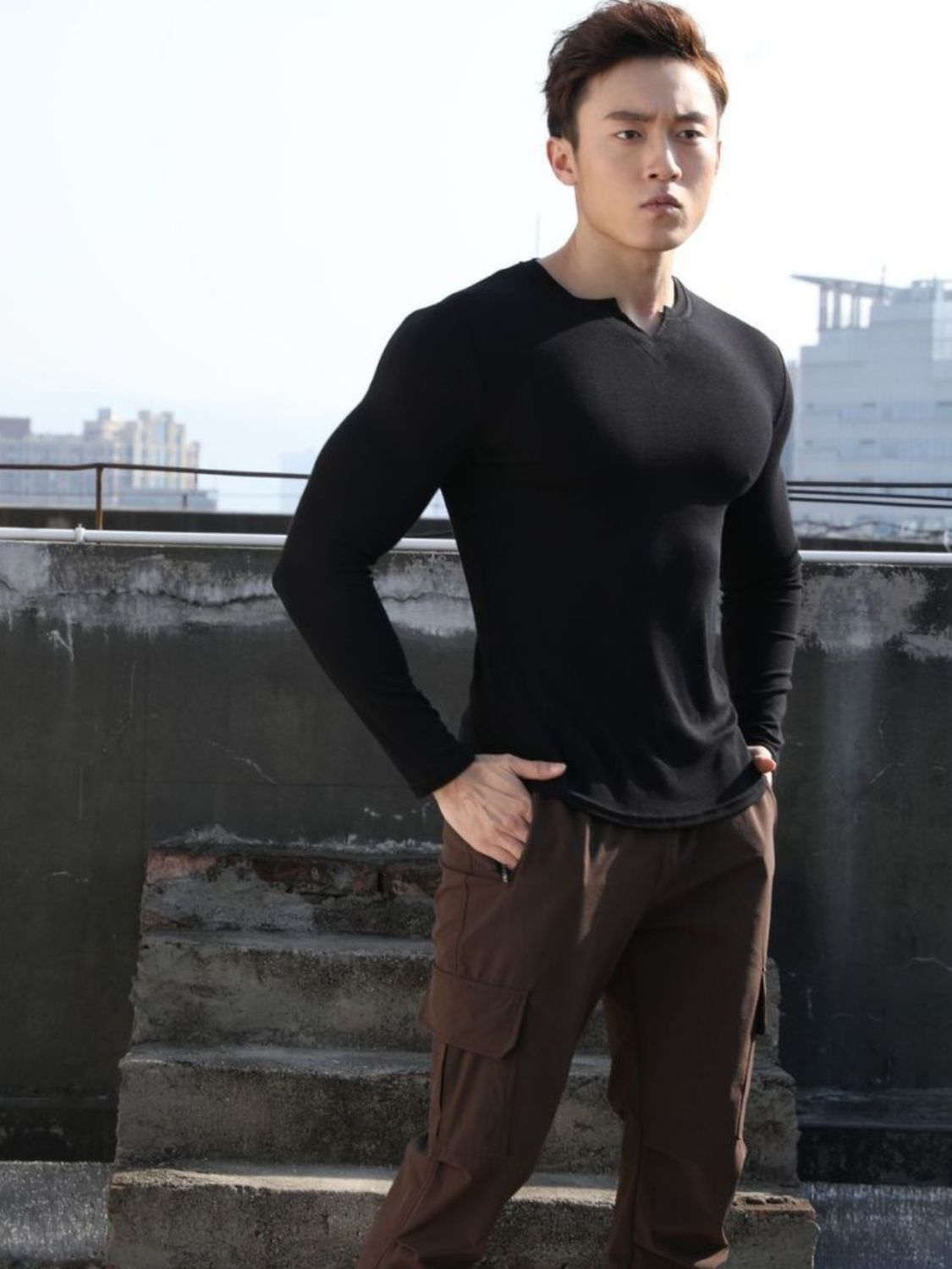 Men's Plus Size Notched Long Sleeve T-Shirt