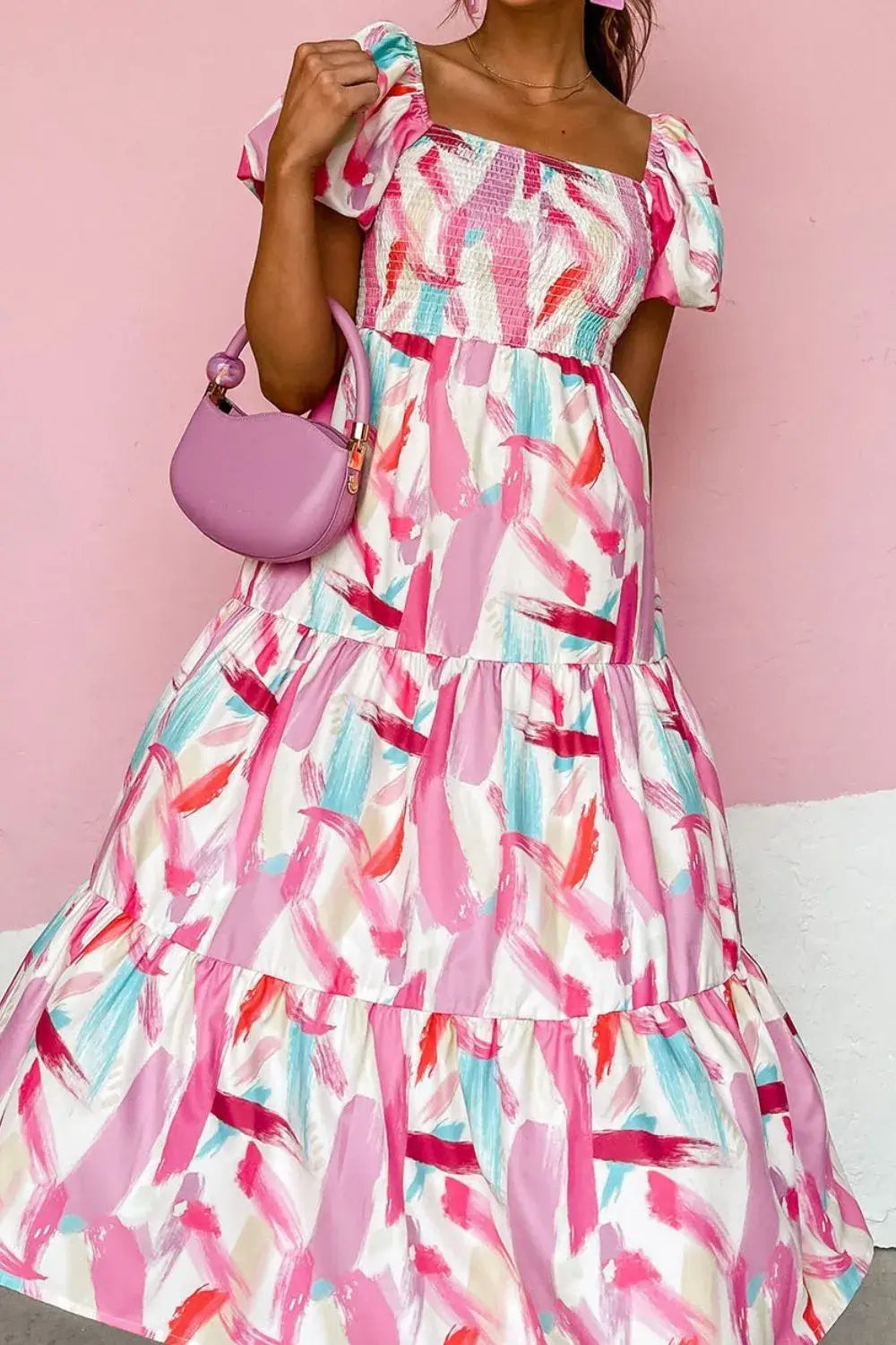 Geometric Print Puff Sleeve Square Neck Midi Dress