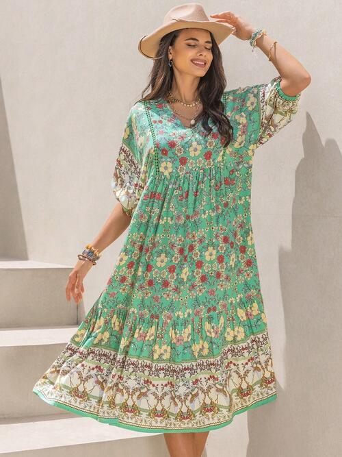 Ruched Printed Puff Sleeve Midi Dress - Clothes For Her Online Store
