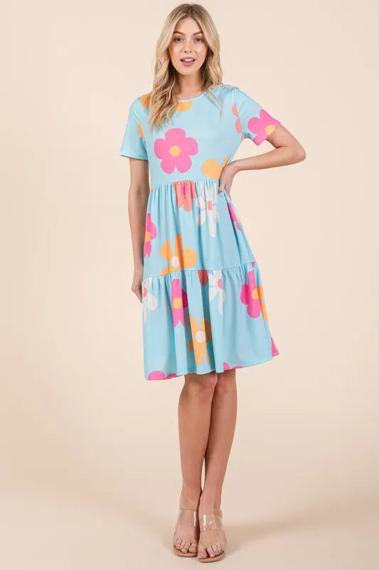 BOMBOM Floral Round Neck Short Sleeve Tiered Dress