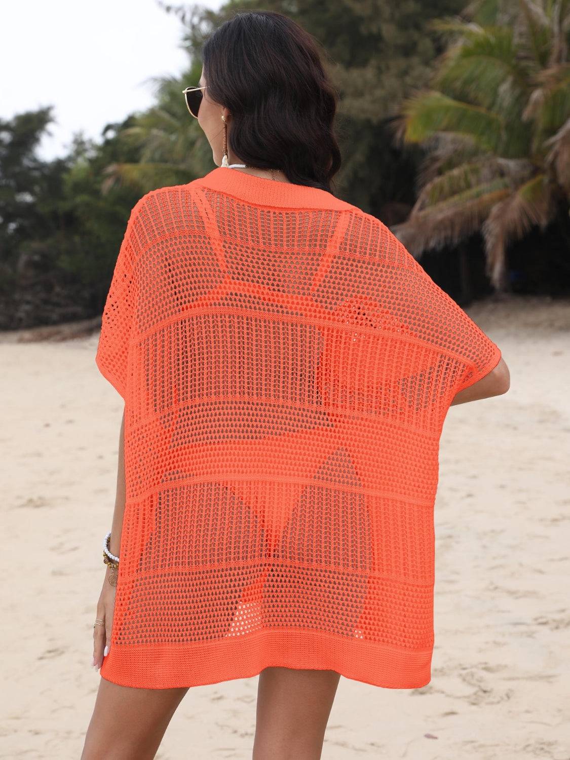 Hollow Out Collared Neck Cover-Up - Clothes For Her Online Store