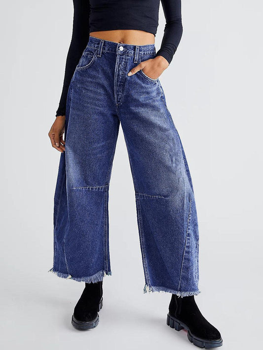 Raw Hem Wide Leg Jeans with Pockets - Clothes For Her Online Store